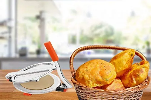 BHADANI SALES? Stainless Steel Puri Maker Press Machine with Fitted Handle for Puri/Khakhra Maker (Silver   Blue,Pack of 1) (6.5 inch)(Not RotI Maker)