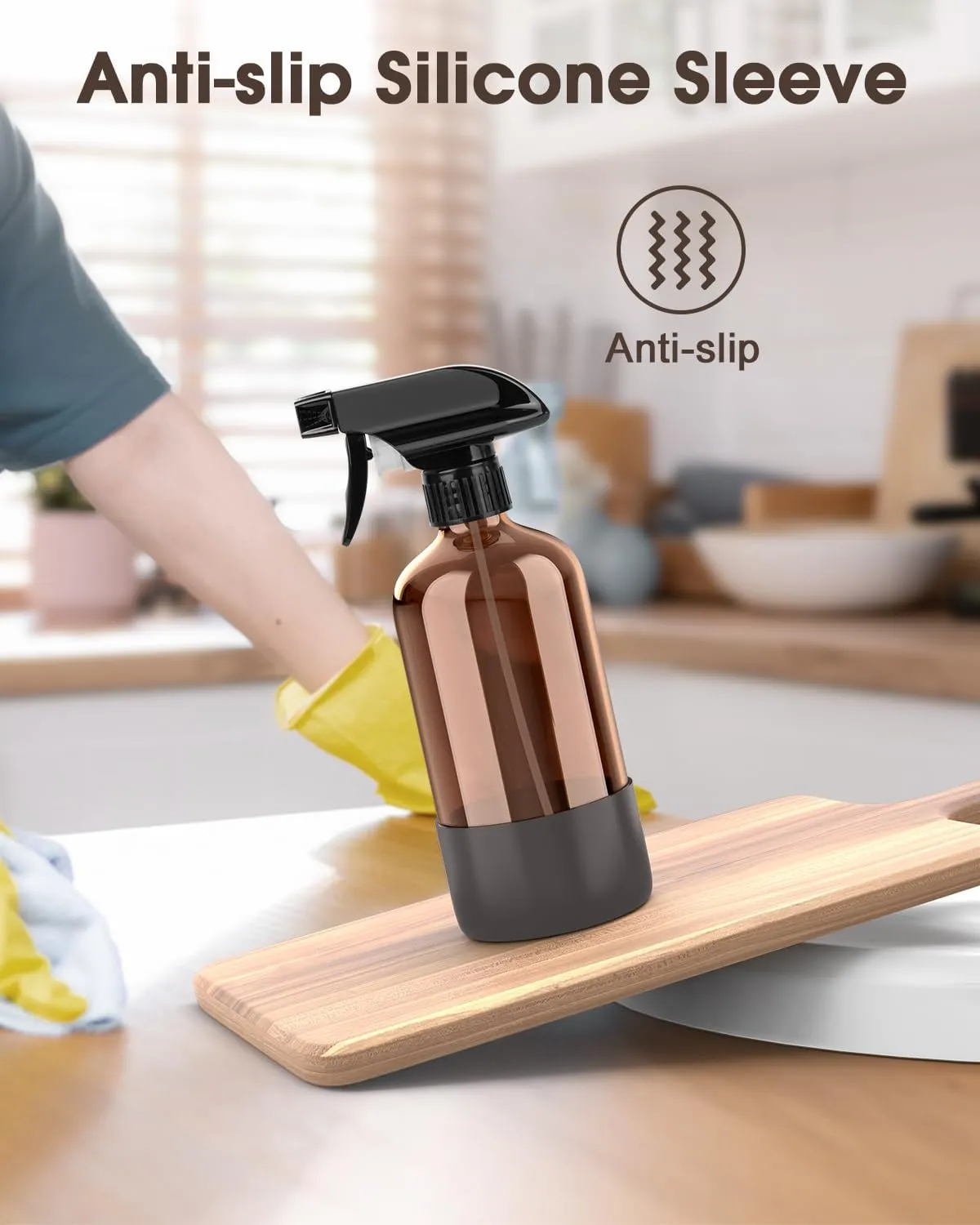 Glass Spray Bottle with Silicone Sleeve Protection, Amber Glass Spray Bottle Set for Non-toxic Window Cleaner Aromatherapy Facial Hydration Watering Flowers Hair Care 2 Pack/16 oz (Black & Grey)