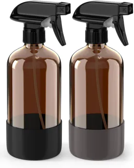 Glass Spray Bottle with Silicone Sleeve Protection, Amber Glass Spray Bottle Set for Non-toxic Window Cleaner Aromatherapy Facial Hydration Watering Flowers Hair Care 2 Pack/16 oz (Black & Grey)