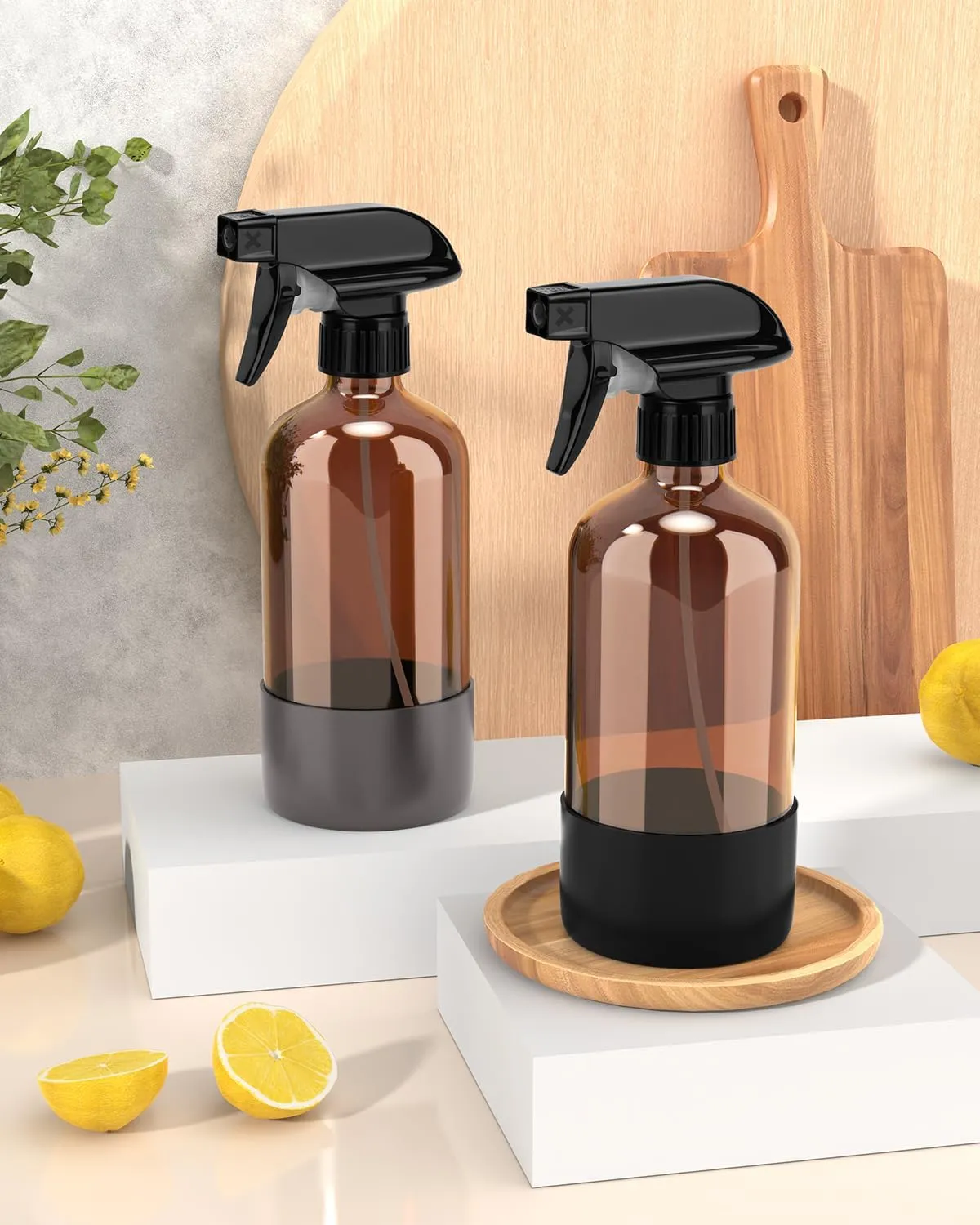 Glass Spray Bottle with Silicone Sleeve Protection, Amber Glass Spray Bottle Set for Non-toxic Window Cleaner Aromatherapy Facial Hydration Watering Flowers Hair Care 2 Pack/16 oz (Black & Grey)