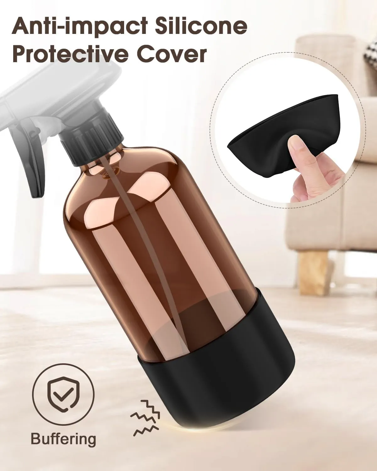 Glass Spray Bottle with Silicone Sleeve Protection, Amber Glass Spray Bottle Set for Non-toxic Window Cleaner Aromatherapy Facial Hydration Watering Flowers Hair Care 2 Pack/16 oz (Black & Grey)