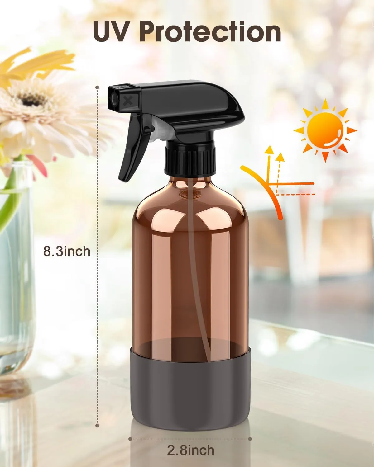 Glass Spray Bottle with Silicone Sleeve Protection, Amber Glass Spray Bottle Set for Non-toxic Window Cleaner Aromatherapy Facial Hydration Watering Flowers Hair Care 2 Pack/16 oz (Black & Grey)