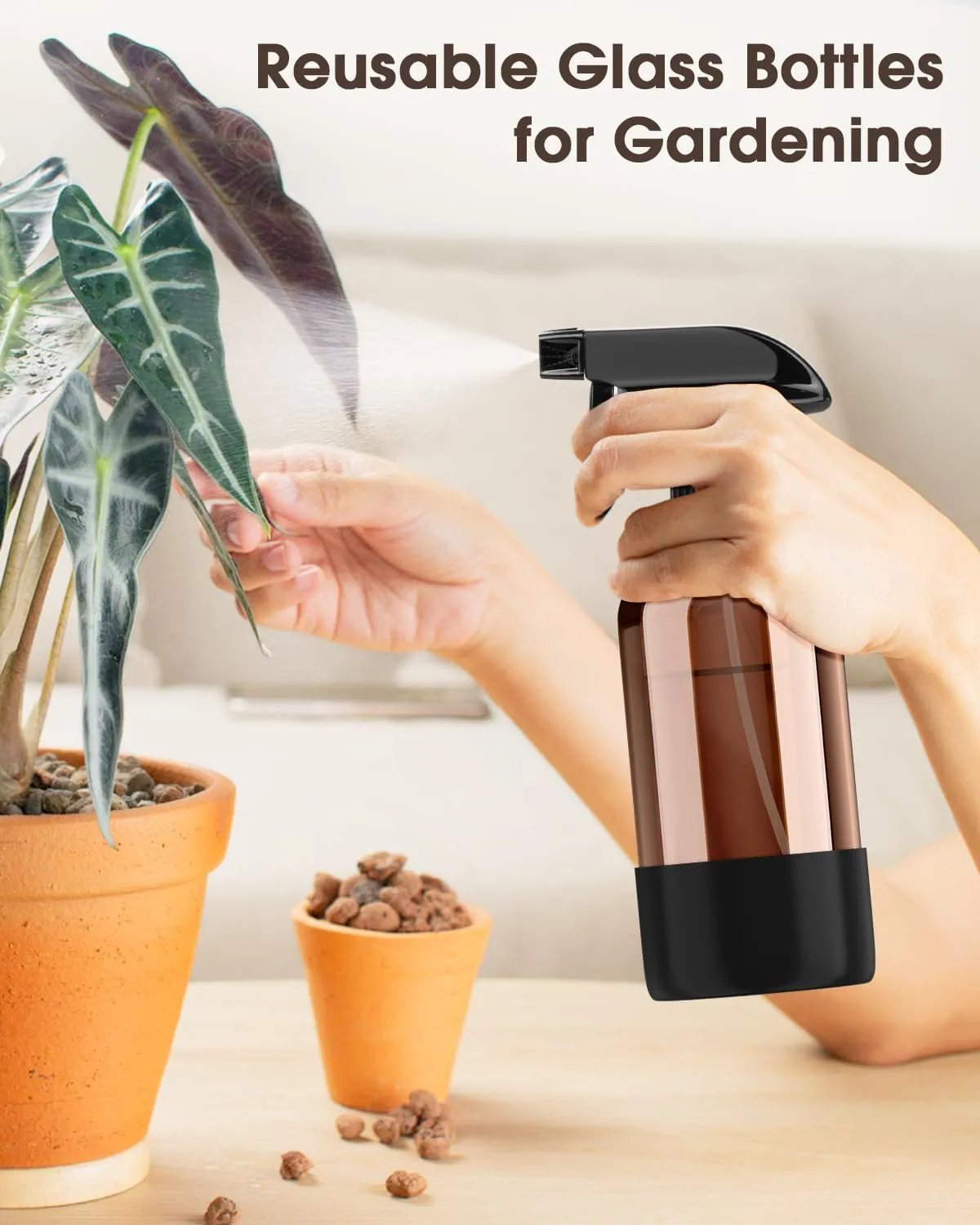 Glass Spray Bottle with Silicone Sleeve Protection, Amber Glass Spray Bottle Set for Non-toxic Window Cleaner Aromatherapy Facial Hydration Watering Flowers Hair Care 2 Pack/16 oz (Black & Grey)