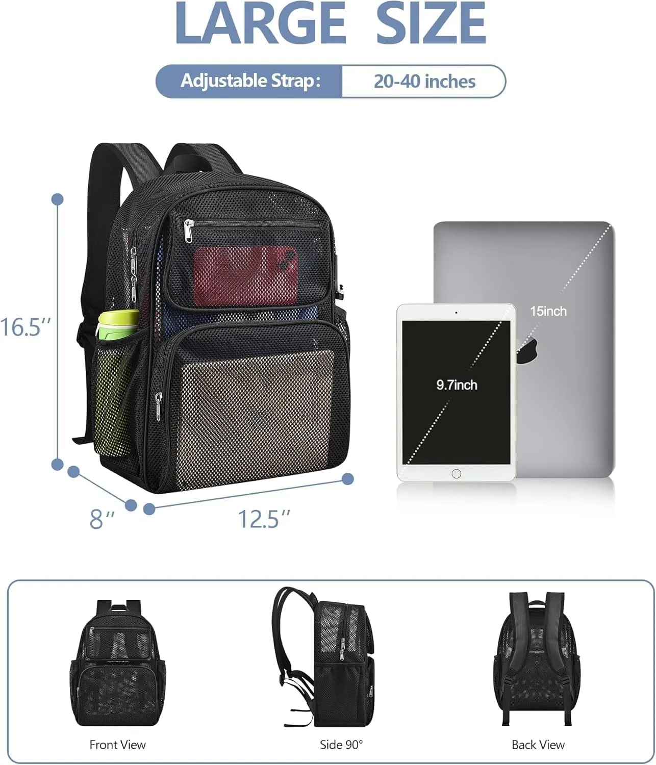 Mesh Backpack with Inner Compartment, Large Heavy Duty Mesh Bookbag with Padded Shoulder Straps for Travel Swimming Hiking Beach - Black