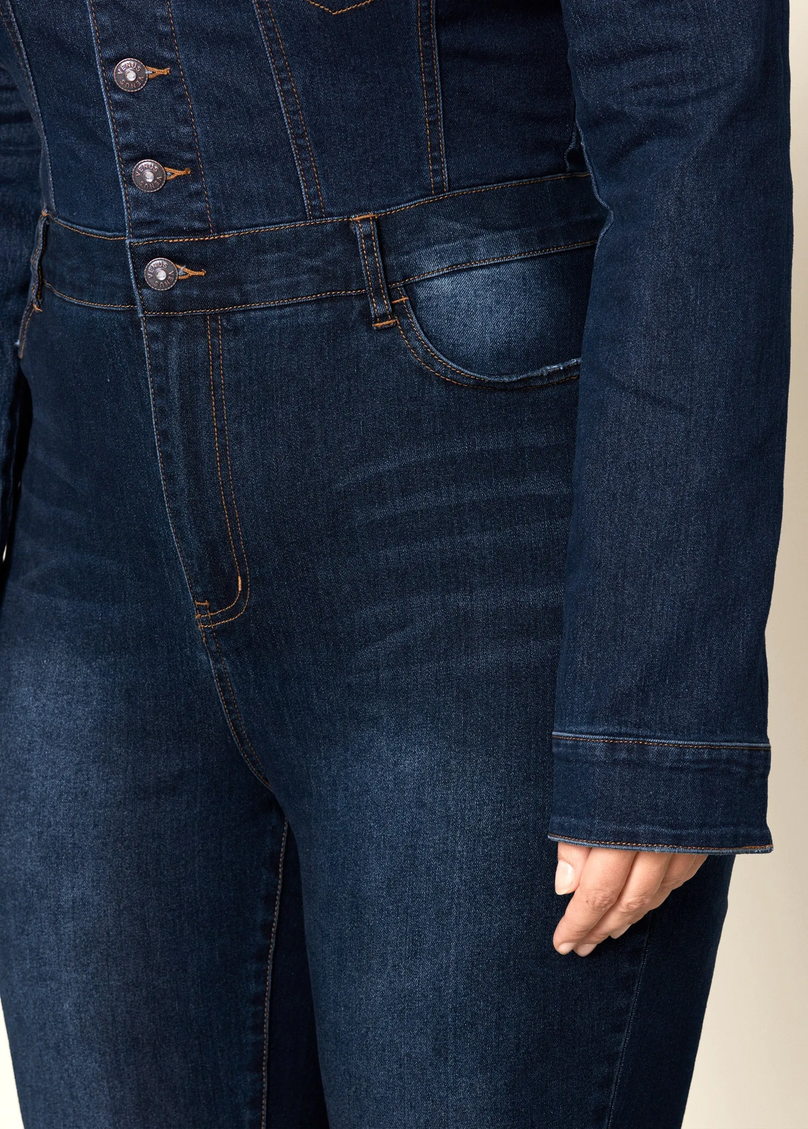 Off-The-Shoulder Denim Jumpsuit - Dark Wash