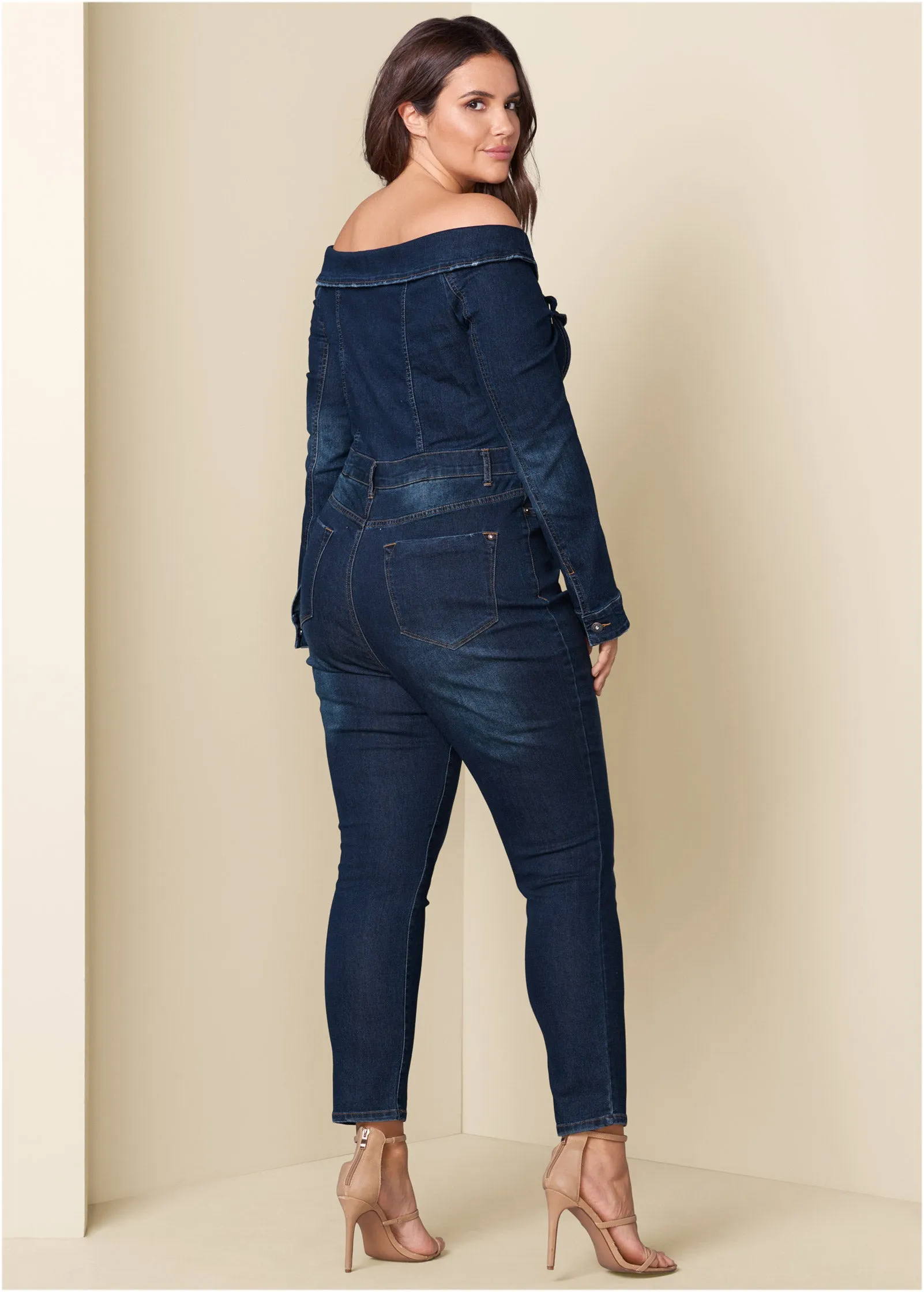 Off-The-Shoulder Denim Jumpsuit - Dark Wash